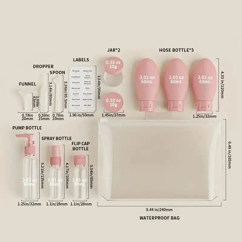 Kit 11 Bouteilles de Voyage avec Pochette – Contenants Liquides & Crèmes